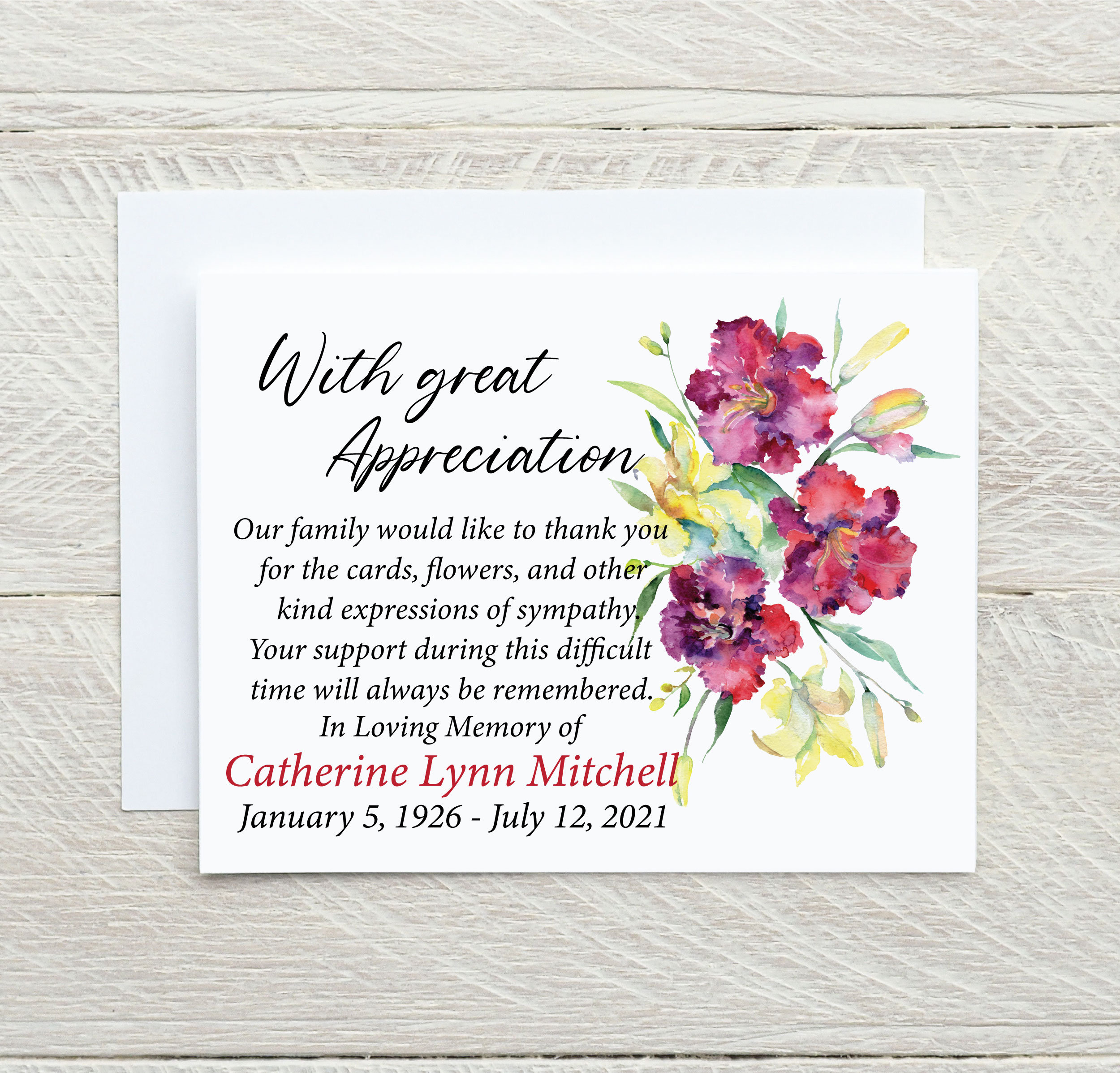 Personalized Thank You Funeral Cards with White Florals - Modern Pink Paper