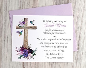 Christian Funeral Thank You Cards FLAT or FOLDED Personalized Hummingbird Sympathy Thanks Bereavement Memorial Notecards with Envelopes