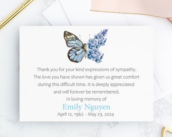 Blue Butterfly Funeral Thank You Cards for Memorial Service Guests Personalized Sympathy Acknowledgement Cards Pack for Thank You Notes