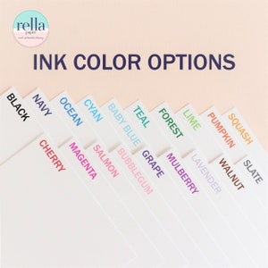 May include: Ink color options for a product, shown as a series of color swatches. The colors are: Black, Navy, Ocean, Cyan, Baby Blue, Teal, Forest, Lime, Pumpkin, Squash, Slate, Lavender, Mulberry, Grape, Bubblegum, Salmon, Magenta, and Cherry.