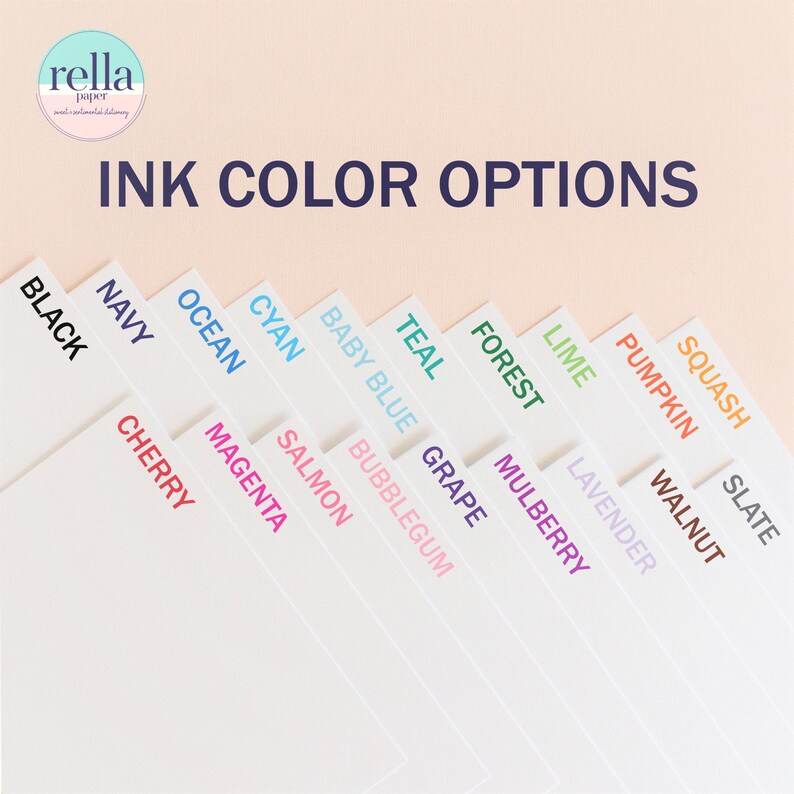 May include: Ink color options for a product, shown as a series of color swatches. The colors are: Black, Navy, Ocean, Cyan, Baby Blue, Teal, Forest, Lime, Pumpkin, Squash, Slate, Lavender, Mulberry, Grape, Bubblegum, Salmon, Magenta, and Cherry.