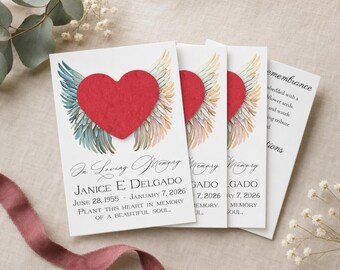 Personalized Memorial Seed Paper Heart Cards, Funeral Favor Keepsake (Angel Wings)