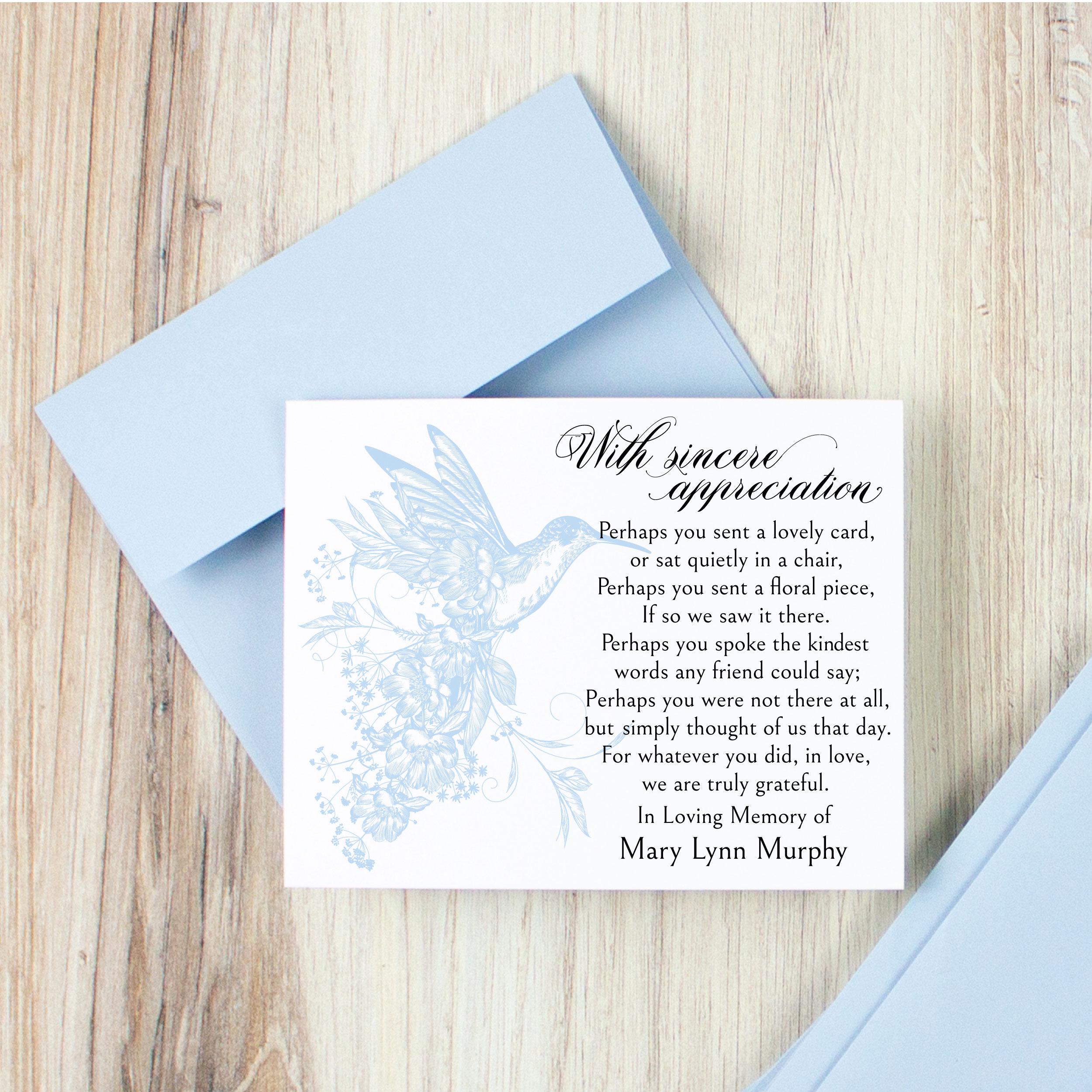 Personalized Hummingbird Funeral Thank You Cards: Sympathy Memorial ...