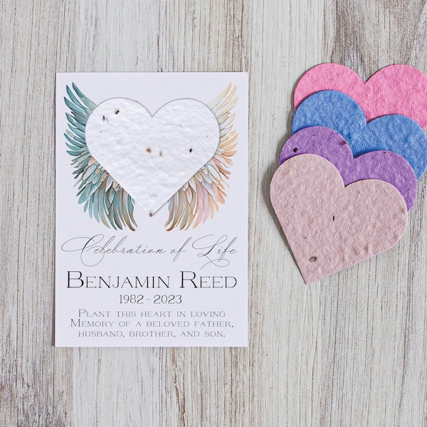 Funeral Favor with Angel Wings and Plantable Hearts, Personalized Memorial Cards with Keepsake for Guests, Funeral Seed Paper Heart Card