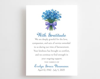 Forget Me Not Sympathy Thank You Cards Personalized | Memorial Acknowledgement Cards for Bereavement with Envelopes Customized