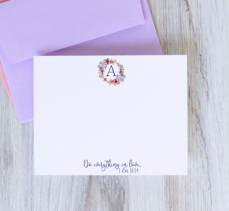 Monogrammed Stationery set for women with bible verse, 1 Corinthians 16 14, Do everything in love Bible verse, Christian Notecard set for women with initial surrounded by floral frame