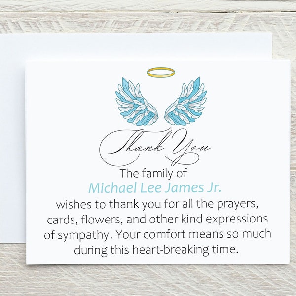 Angel Wings Sympathy Thank You Cards, A2 Folded Cards, Funeral Thank You for Loss of Infant or Child, Choose Blue or Pink Feathered Wings