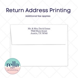 May include: A white envelope with a blue return address label. The address reads: Mr. & Mrs. David Jones, 9960 Main Street, Austin, TX 78760. The envelope is on a white background with a dotted pattern.