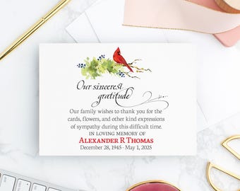 Personalized Cardinal Funeral Thank You Cards: Linen Sympathy Notes