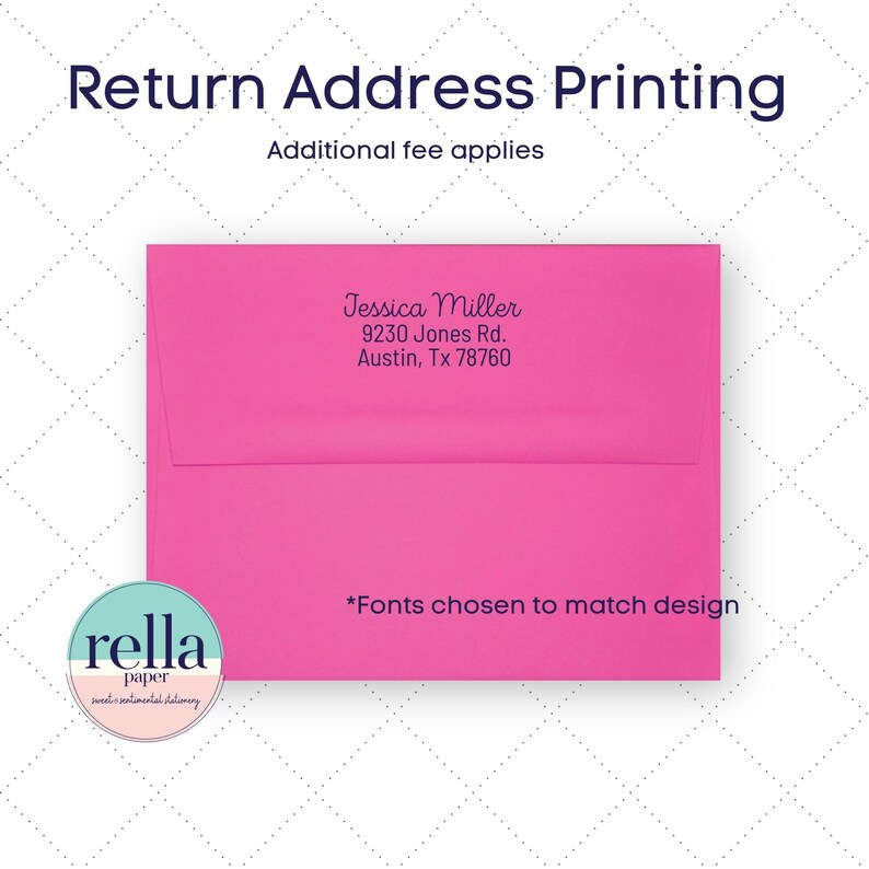 May include: A pink envelope with a return address printed in black text. The address reads "Jessica Miller, 9230 Jones Rd., Austin, Tx 78760". The text "*Fonts chosen to match design" is printed below the address. A small, round sticker with the text "rella paper sweets & sentimental stationery" is in the lower left corner of the image.