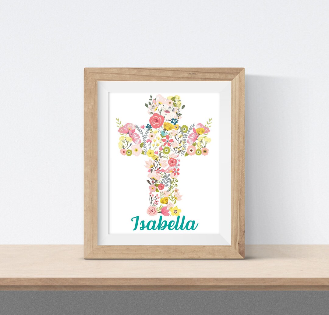 Floral Cross Wall Decor Print Personalized Christian Gift for Girls ...