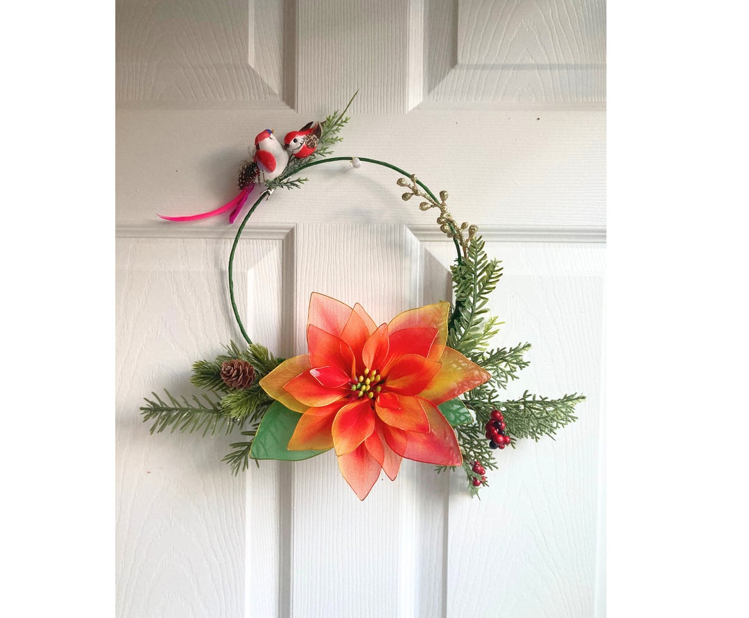 Handmade Nylon Stocking Flower Poinsettia Wreath With Bird/hoop Wreath
