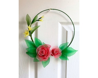 Handmade Nylon Flower Wreath Rose/Valentine Hoop Wreath/Valentine Day's Gift/Handmade Rose Wreath/Home Decor/Wall Decor