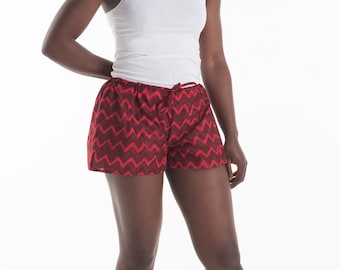 Red Cotton Shorts for Women, Comfy Red Zig Zag Shorts with Elasticated Waist Band, Chevron Patterned Ladies Beach Shorts, Ladies Sleepwear