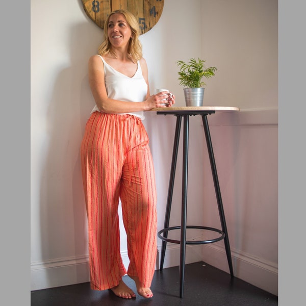 Womens Soft & Comfy Orange Stripy Pyjama Bottoms, Loose Fit Wide Leg Pajama Pants with Elasticated Waist, Cotton Striped Loungewear Pyjamas