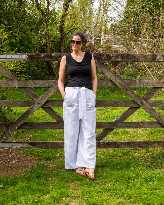 Women's Lightweight White Linen Trousers, Comfy Wide Waistband Wide Legged  White Pants with Pockets, Ideal for Beach and Summer Wear