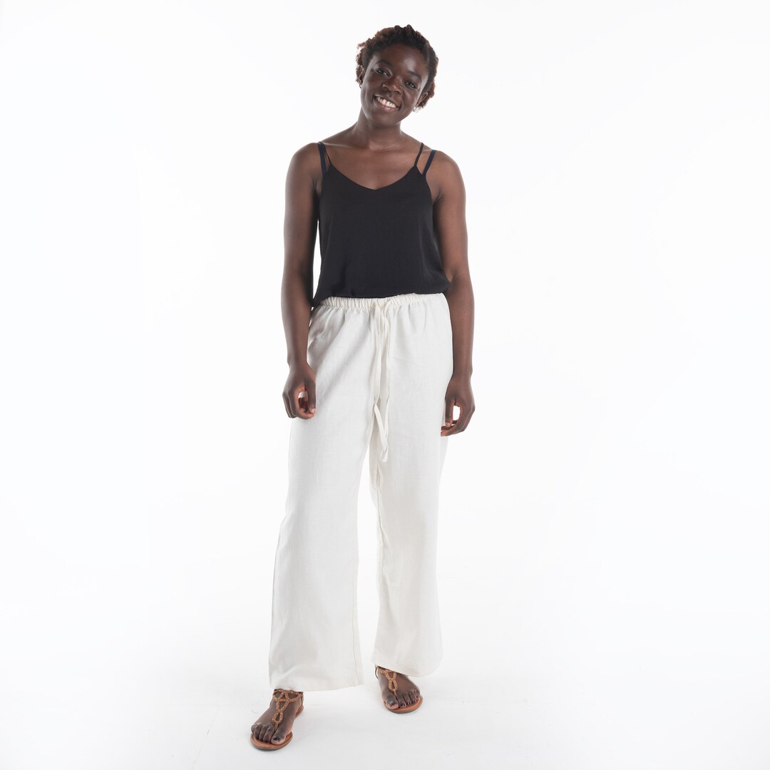 Women's Cream Linen Trousers, Ladies Elasticated Waist Linen Pants With Drawstring, Wide Legged