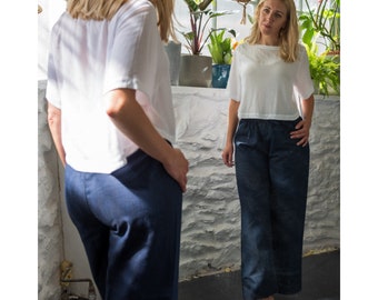 Women's Linen Trousers in Navy Blue, Comfy Elasticated Waist Ladies Linen Pants, Wide Leg Loose Fit Linen Trousers for Summer,