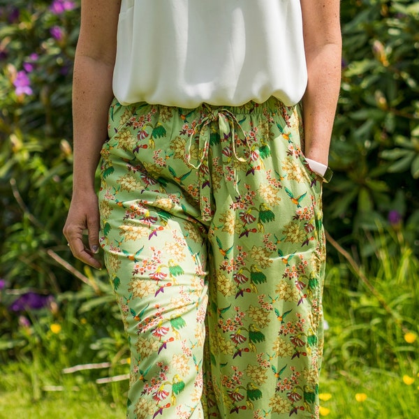 Beautiful Green Floral Cotton Ladies Comfy Loungewear Trousers, Womens Soft and Stylish Pants with Pockets, Loose fitting and relaxed fit