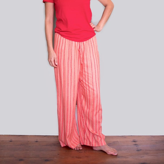 Womens Soft Comfy Orange Stripy Pyjama Bottoms Loose Fit Wide Leg Pajama Pants with Elasticated Waist Cotton Striped Loungewear Pyjamas
