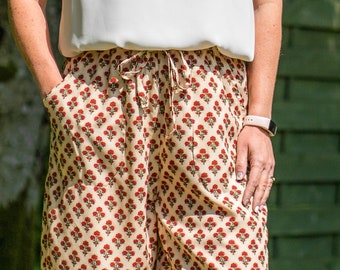 Cream and Red Patterned Ladies Pants, Women's Comfy and Relaxed Fit Wide Legged Trousers Ideal for Casual Wear, Loungewear or Sleepwear