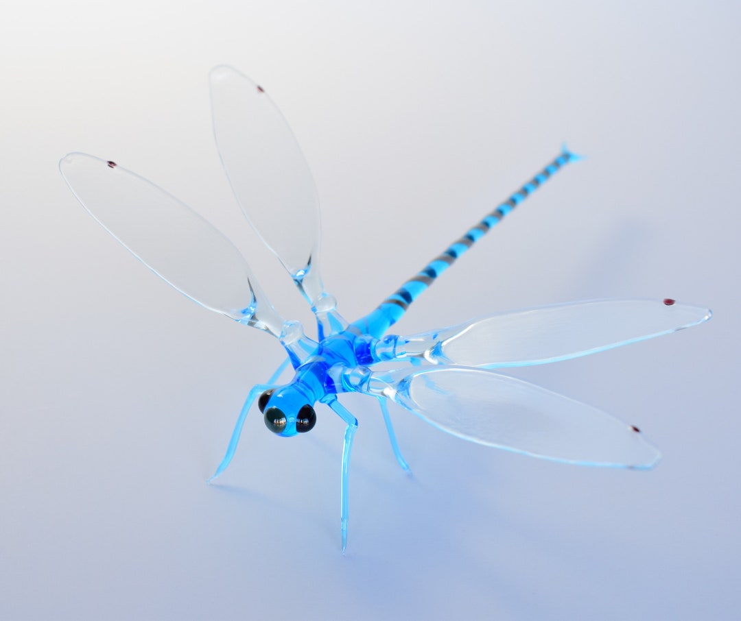 Glass Dragonfly Figurine, Blown Glass Blue Dragonfly, Lampwork Blue Dragonfly, Realistic
