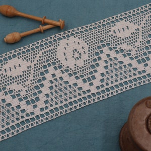Peut inclure: Bordure en dentelle blanche crochetée avec un motif géométrique répétitif. La dentelle est présentée sur une surface bleue avec des bobines en bois.