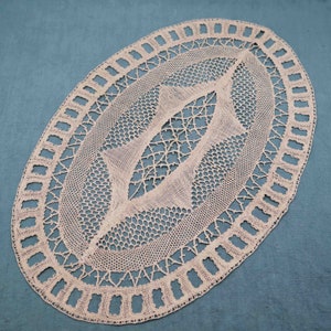 Antique French Bobbin Lace Doily: Handmade Linen Oval Placemat