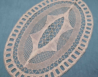 Antique French Bobbin Lace Doily: Handmade Linen Oval Placemat