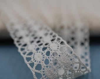 May include: Close-up of a roll of off-white lace trim. The lace features a delicate floral pattern with openwork details. The trim is made of a soft, textured material, perfect for sewing and crafting projects.