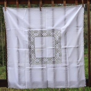 Antiek Frans linnen tafelkleed: kanten rand, shabby-chic decor (35,4 in)