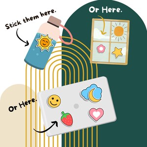 May include: A white laptop with a variety of colorful stickers on it. The stickers include a smiley face, a cloud with a crescent moon, a heart, and a strawberry. The laptop is on a gold and green background with the text "Or Here." written on it.