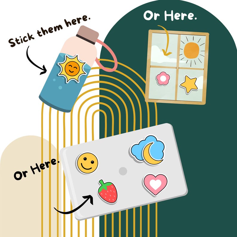 May include: A white laptop with a variety of colorful stickers on it. The stickers include a smiley face, a cloud with a crescent moon, a heart, and a strawberry. The laptop is on a gold and green background with the text "Or Here." written on it.
