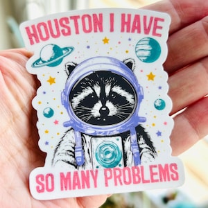May include: A white sticker with a pink and black raccoon wearing a purple astronaut helmet. The raccoon is holding a camera. The sticker has the text "Houston I have so many problems" in pink letters.