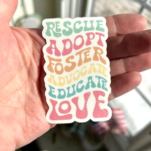 May include: A sticker with the words "Rescue, Adopt, Foster, Advocate, Educate, Love" in a rainbow of colors. The words are in a retro font style.