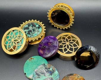 Mandala & Rajasthani Ear Tunnel SET 1" in 18k Gold and Gem Stones