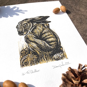 The Skulker - Brown Hare Print Original Artwork Hand carved 2 colour printed block linocut numbered and signed, 1 of only 20 limited prints