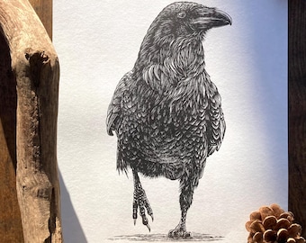 Rambling Raven - hand carved corvid bird lino print, titled, dated & signed