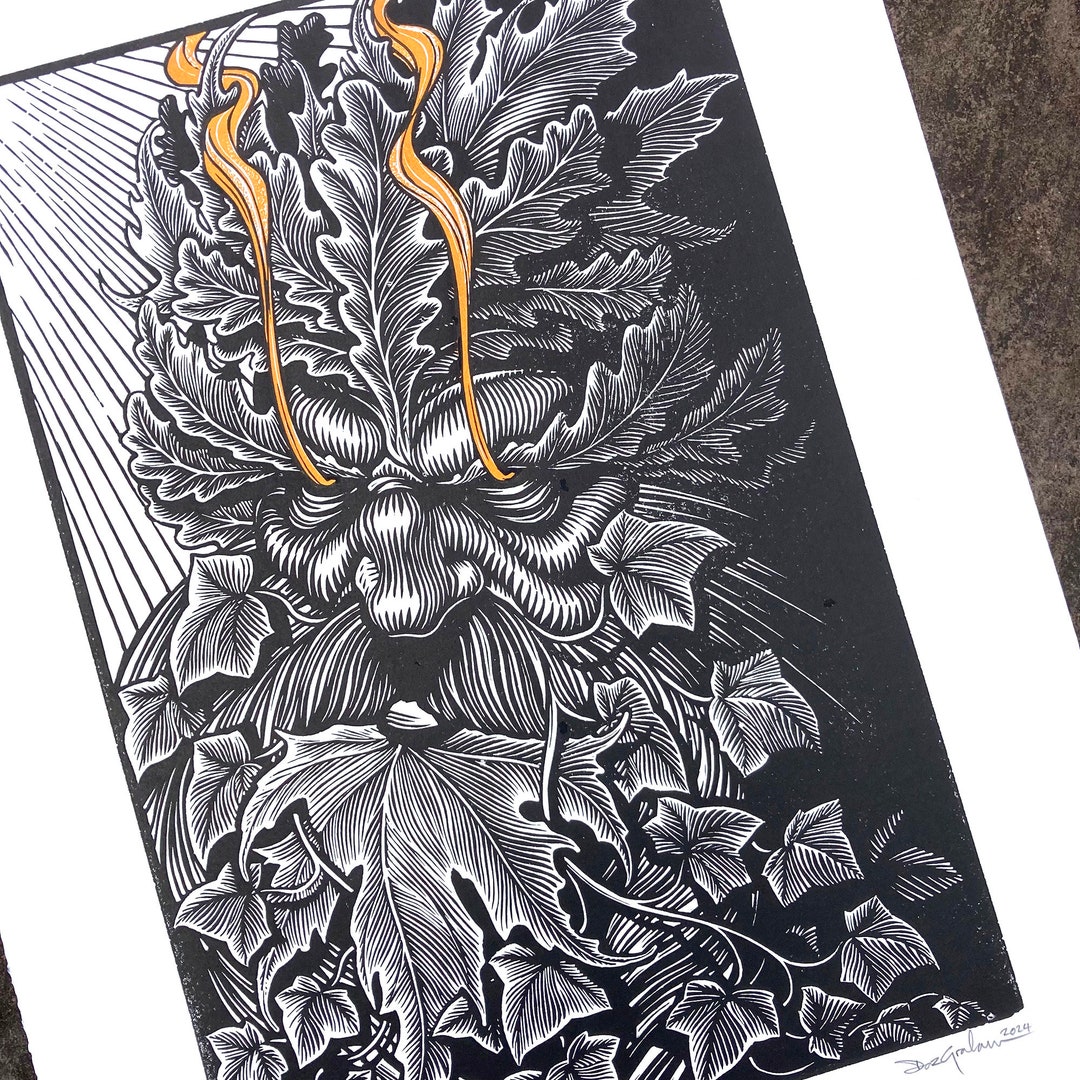 Green Man II - Linocut Block Print Original Highly Detailed Artwork ...