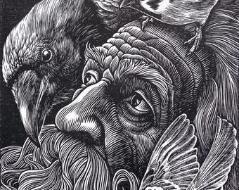 NIEUW. 'Sanctuary': met de hand gesneden linoprint met vogels, genummerd, getiteld, ondertekend en gedateerd