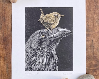 The Wren and the Raven. 2 colour lino cut bird print hand carved, titled, dated & signed.