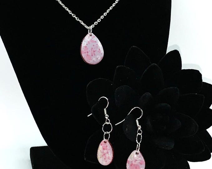 Pink Floral Resin Jewelry Set – Handmade Teardrop Necklace and Dangle Earrings by Rez & Co.