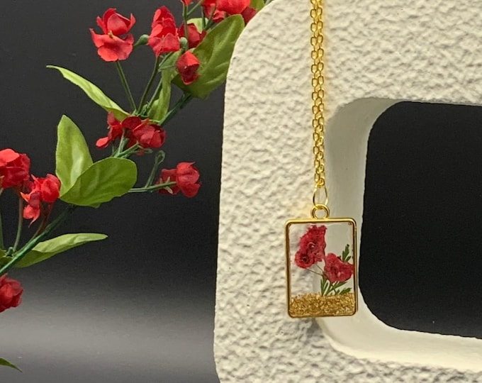 Red Pressed Flower Resin Pendant – Handmade Gold Framed Botanical Necklace by Rez & Co.