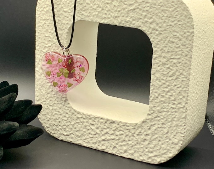 Pink Floral Heart Resin Necklace with “IMAGINE” Charm – Handmade Jewelry by Rez & Co.