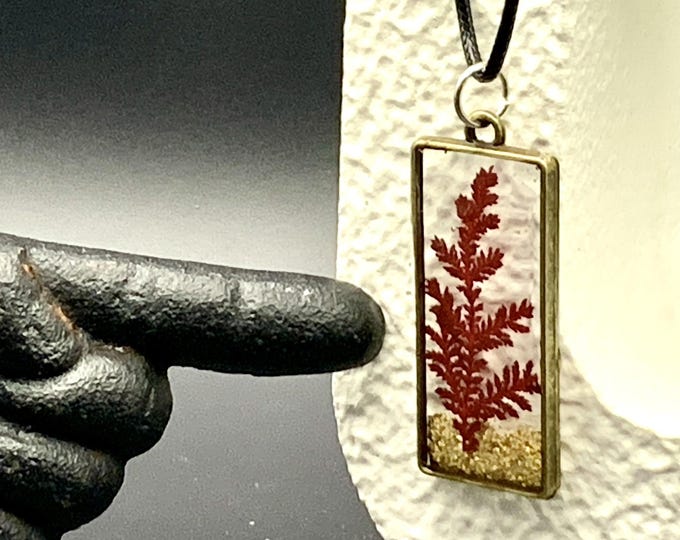 Pressed Red Fern Rectangle Resin Pendant – Handmade Nature Necklace by Rez & Co.