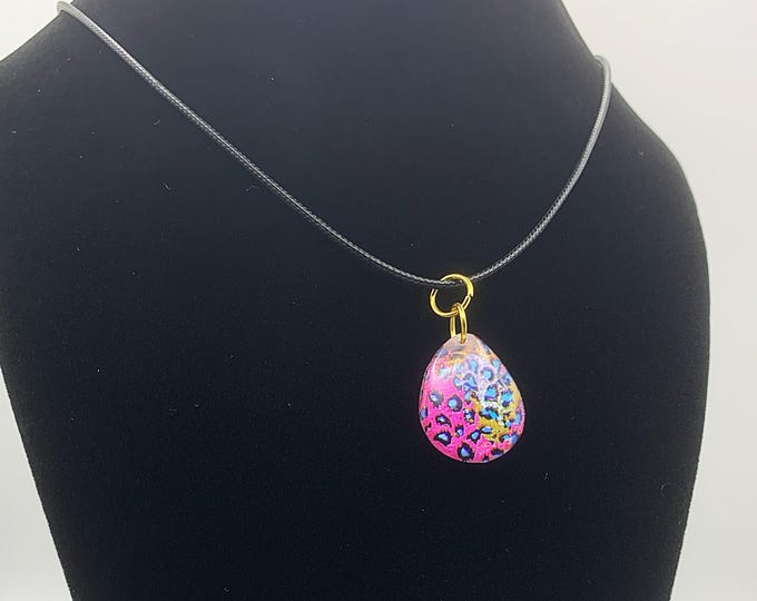 Rainbow Cheetah Pendant Necklace – Colorful Teardrop Resin Necklace with Gold Accent on Black Cord | Funky Handmade Jewelry