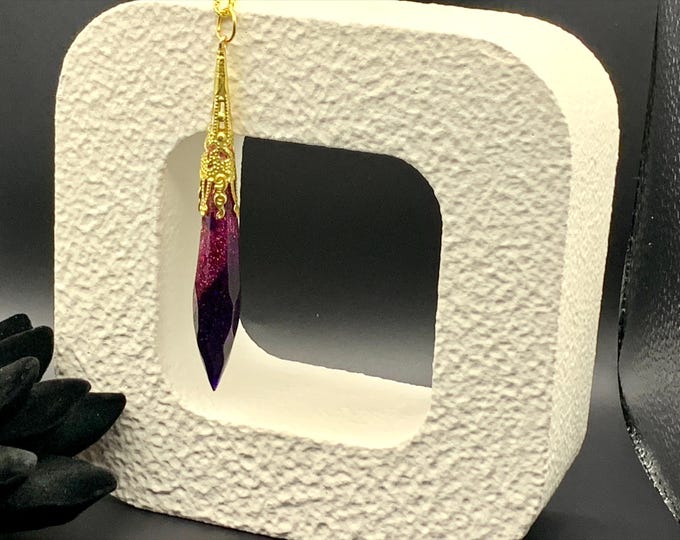 Faceted Purple Pendant with Gold Filigree – Handmade Statement Necklace by Rez & Co.