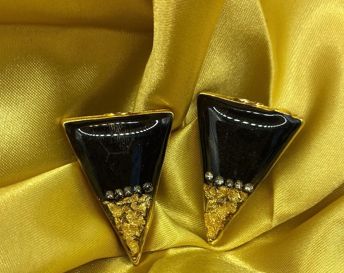 Black Gold Triangle Resin Stud Earrings – Geometric Modern Statement Jewelry, Handmade Resin Earrings, Gift for Her
