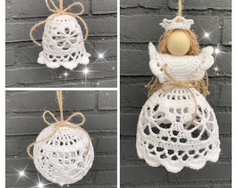May include: Three white crocheted ornaments, one shaped like a bell, one shaped like a sphere, and one shaped like an angel. Each ornament is decorated with a brown twine bow.