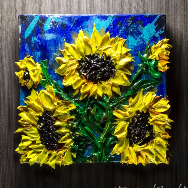 Sunflowers, Touch  Art (Unique 3D Acrylic) by Andrii Rays, Impasto Volumetric painting 3D canvas Heavy body Acrylic Painting  beauty gift